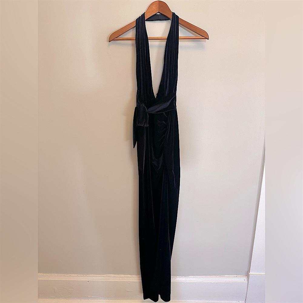 Windsor Dark Blue Velvet Halter Maxi Dress Size S Backless High Slit Formal